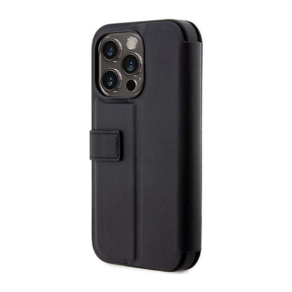BMW knygelės tipo odinis dėklas su mėlynomis juostomis – dėklas skirtas iPhone 14 Pro (juodas)