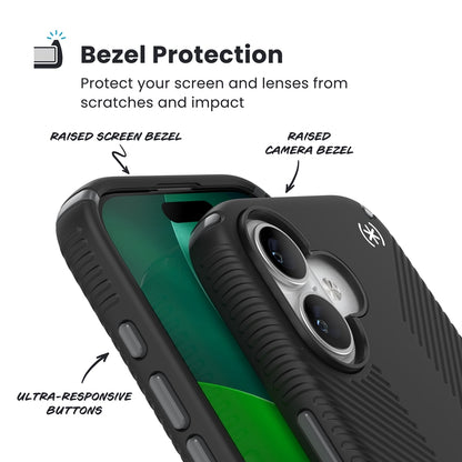 Speck Presidio2 Grip ClickLock ir MagSafe – iPhone 17 dėklas (juoda / alyvuogių pilka / balta)