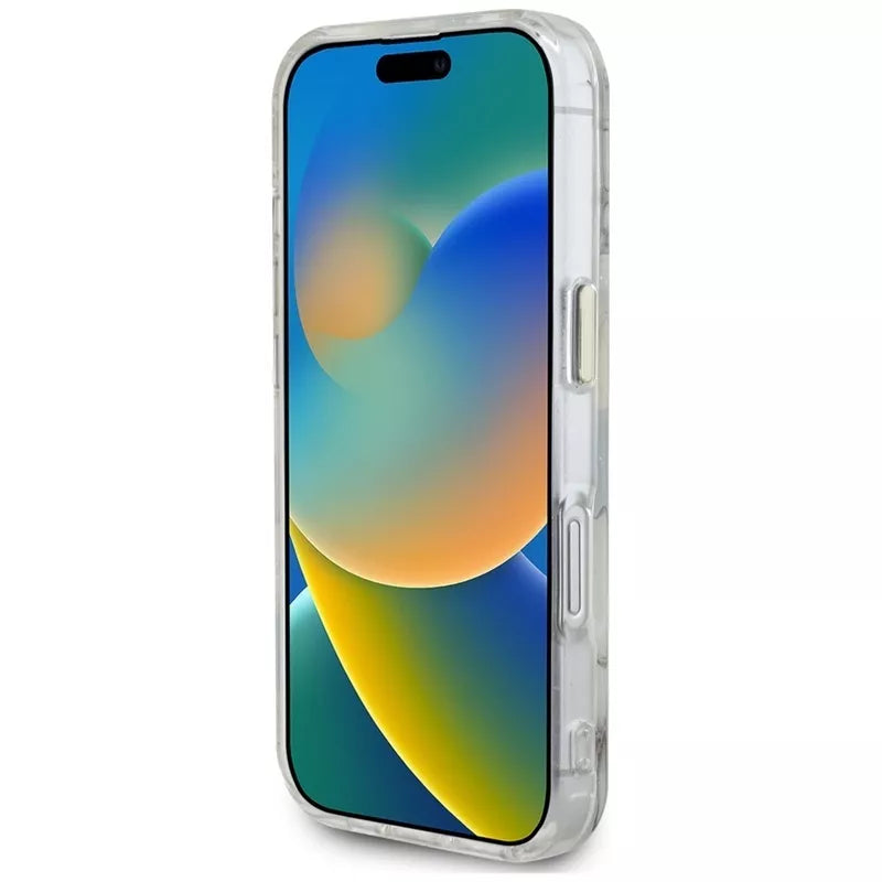 Guess Glitter Flowers Triangle Buttons MagSafe – Dėklas, skirtas iPhone 16 (baltas)