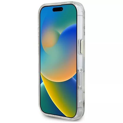 Guess Glitter Flowers Triangle Buttons MagSafe – Dėklas, skirtas iPhone 16 (baltas)