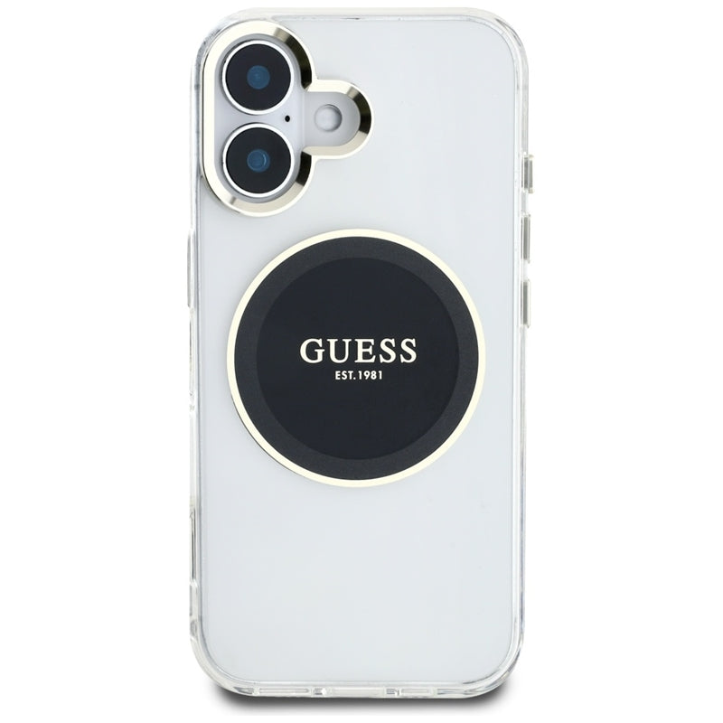 Guess IML Metal Colored Circle Classic Logo MagSafe – dėklas, skirtas „iPhone 16“ (juodas)