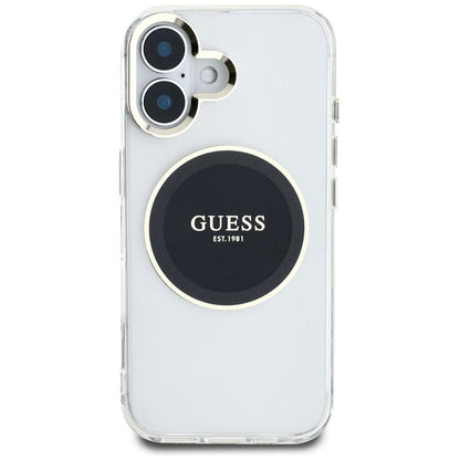 Guess IML Metal Colored Circle Classic Logo MagSafe – dėklas, skirtas „iPhone 16“ (juodas)