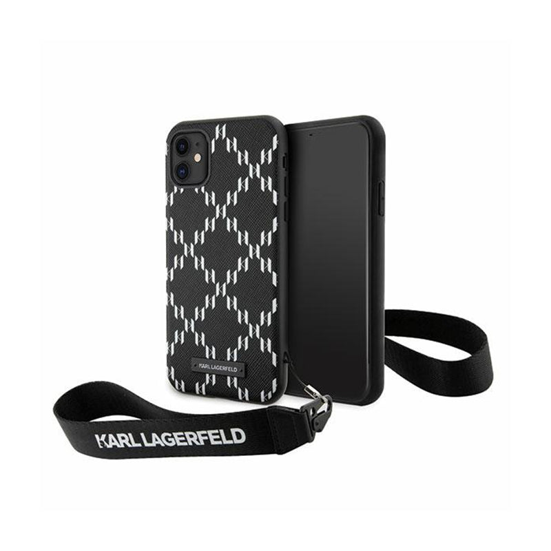 Karl Lagerfeld Monogram Losange Saffiano – Dėklas su virvele iPhone 11 (juodas)