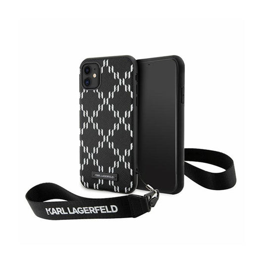 Karl Lagerfeld Monogram Losange Saffiano – Dėklas su virvele iPhone 11 (juodas)