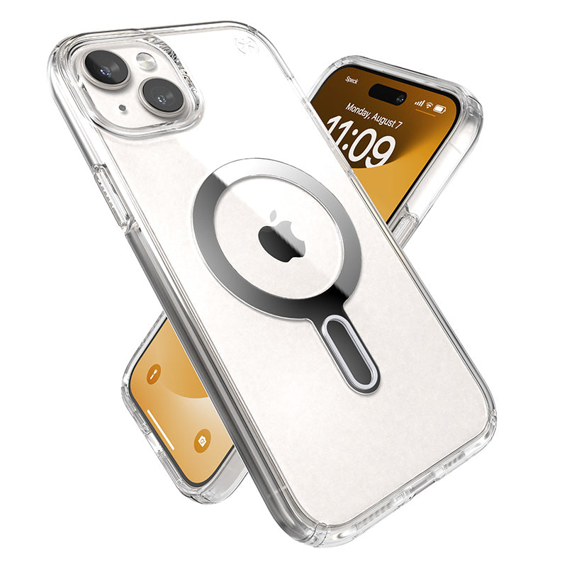 Speck Presidio Perfect-Clear ClickLock & Magsafe - iPhone 15 Plus / iPhone 14 Plus dėklas (Skaidrus / Chromo apdaila / Serene Silver)