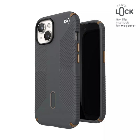Speck Presidio2 Grip ClickLock & MagSafe – Dėklas iPhone 16e / iPhone 15 / iPhone 14 / iPhone 13 (Anglies pilka/Šalta bronza)