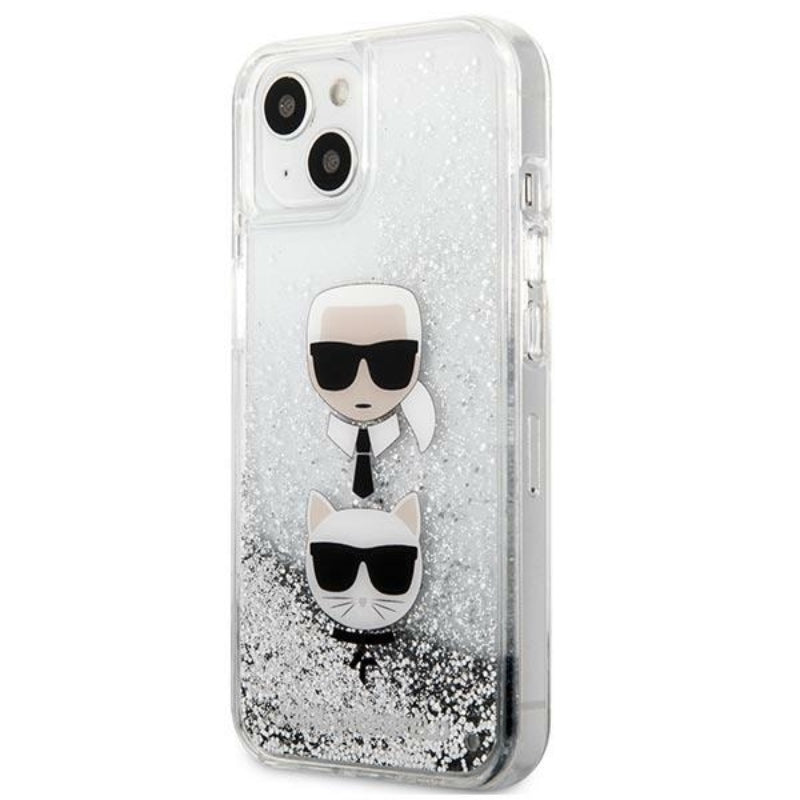 Karl Lagerfeld Liquid Glitter Karl & Choupette Head – dėklas skirtas iPhone 13 mini (sidabrinis)