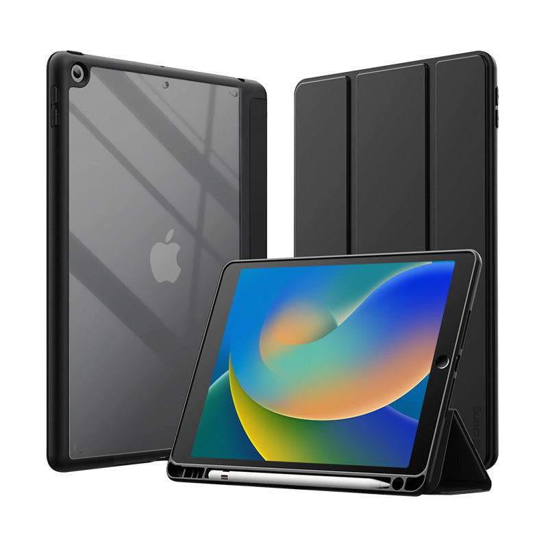 Crong PrimeFolio dėklas – iPad 10.2” (2021-2019) su stoveliu ir „Apple Pencil“ laikikliu (juodas/skaidrus)