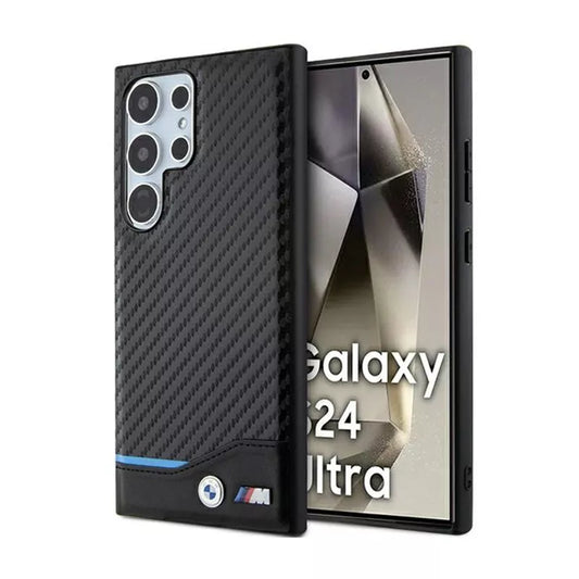 "BMW Leather Carbon Blue Line" dėklas, skirtas "Samsung Galaxy S24 Ultra" (juodas)