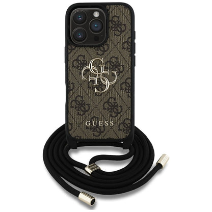 Guess 4G didelis logotipas su virvelės dirželiu – dėklas, skirtas iPhone 16 Pro (rudas)