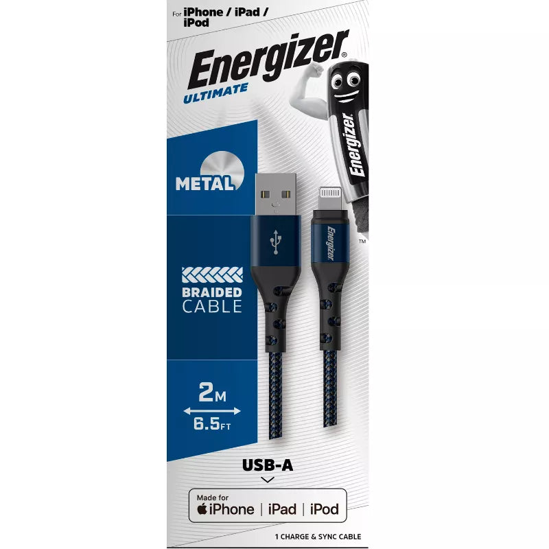 Energizer Ultimate – USB-A į Lightning jungiamasis laidas, MFi sertifikuotas, 2 m (mėlynas)
