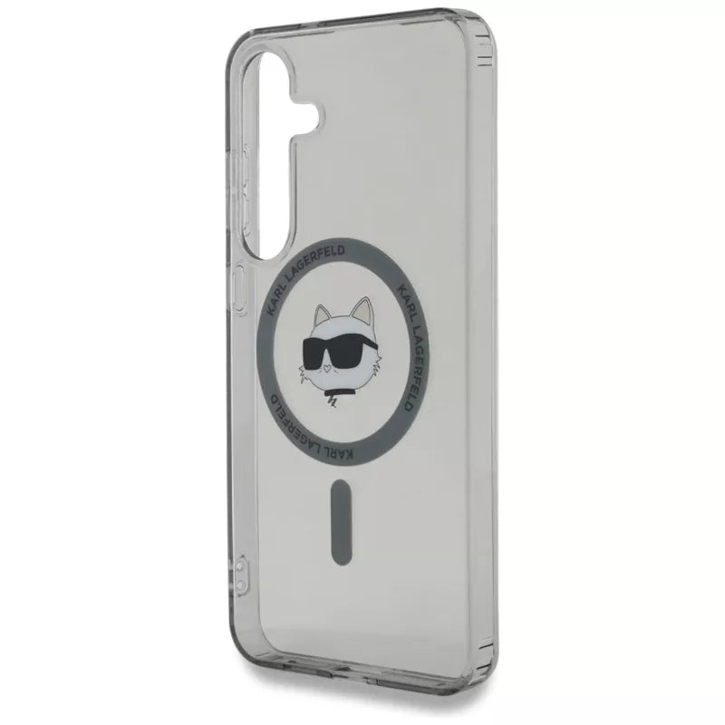 Karl Lagerfeld mygtuko Choupette galvos su logotipu atspaudas MagSafe dėklas, skirtas Samsung Galaxy S25+ (juodas)