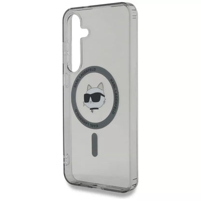 Karl Lagerfeld mygtuko Choupette galvos su logotipu atspaudas MagSafe dėklas, skirtas Samsung Galaxy S25+ (juodas)