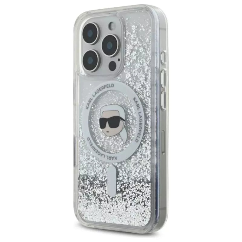 Karl Lagerfeld Liquid Glitter Karl Head MagSafe – Dėklas iPhone 16 Pro Max (skaidrus)