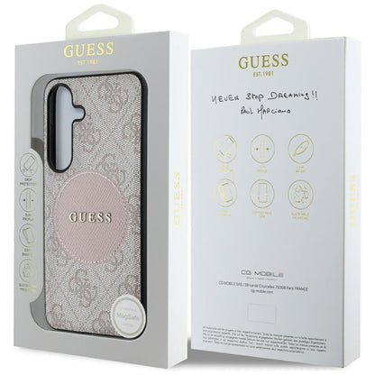 Guess 4G Round Patch Classic Logo MagSafe - dėklas skirtas Samsung Galaxy S25 (rožinis)