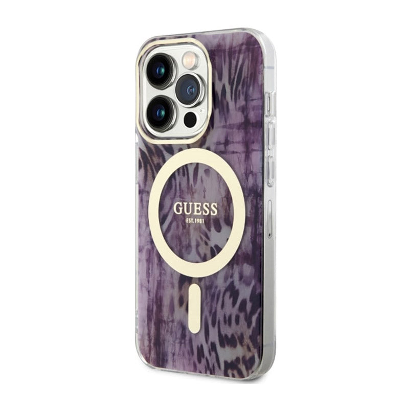 Guess Leopard MagSafe – dėklas, skirtas iPhone 14 Pro (rožinis)