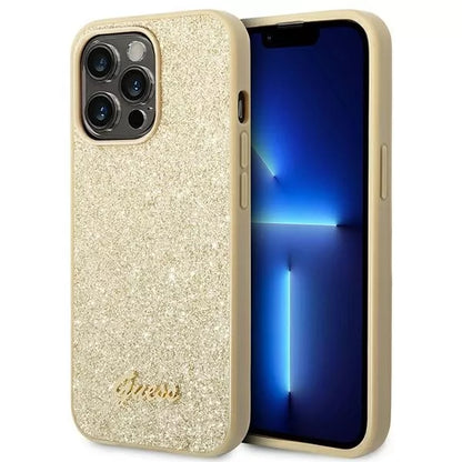 Guess Glitter Flakes Metal Logo dėklas – dėklas skirtas iPhone 14 Pro Max (aukso spalvos)