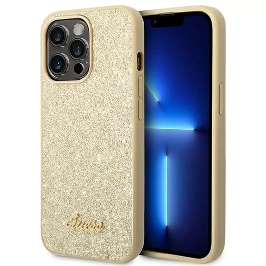 Guess Glitter Flakes Metal Logo dėklas – dėklas skirtas iPhone 14 Pro Max (aukso spalvos)