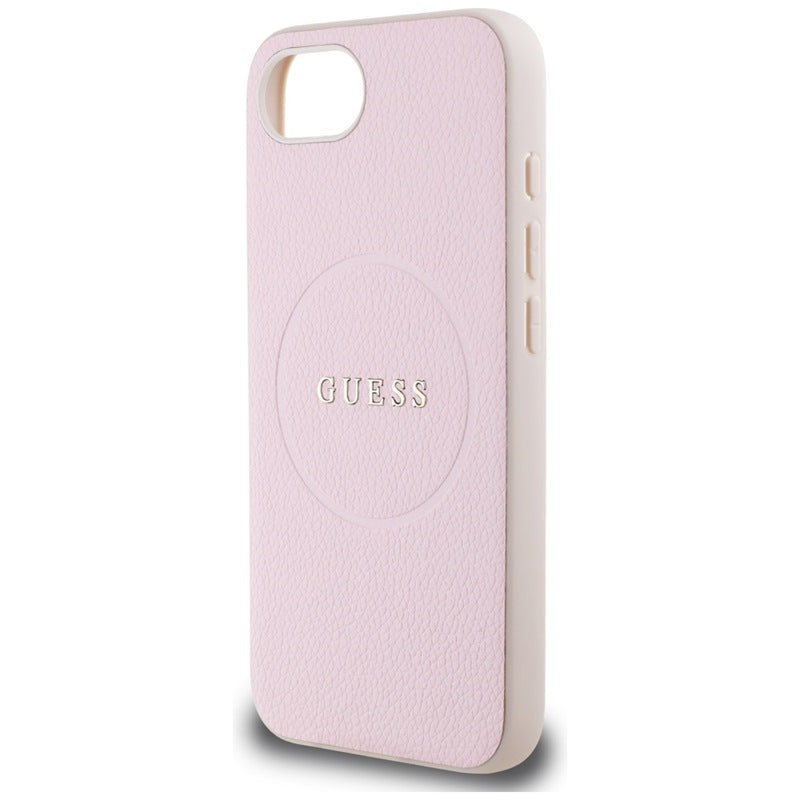 Guess Grained Ring MagSafe – dėklas, skirtas iPhone 16e (rožinis)