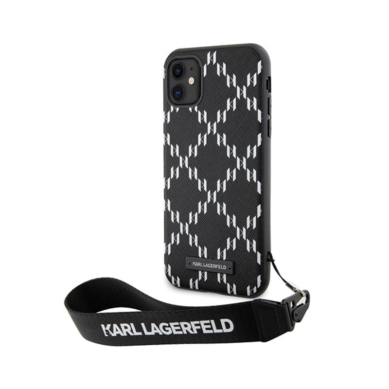 Karl Lagerfeld Monogram Losange Saffiano – Dėklas su virvele iPhone 11 (juodas)