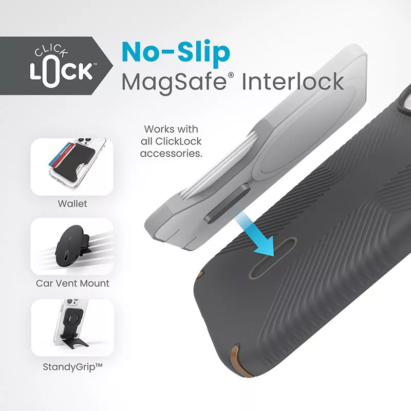 Speck Presidio2 Grip ClickLock & MagSafe – Dėklas iPhone 16e / iPhone 15 / iPhone 14 / iPhone 13 (Anglies pilka/Šalta bronza)
