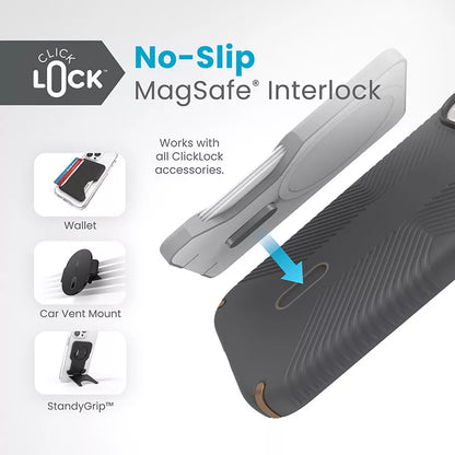 Speck Presidio2 Grip ClickLock & MagSafe – Dėklas iPhone 16e / iPhone 15 / iPhone 14 / iPhone 13 (Anglies pilka/Šalta bronza)