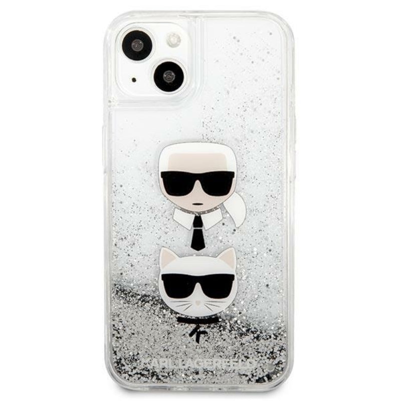 Karl Lagerfeld Liquid Glitter Karl & Choupette Head – dėklas skirtas iPhone 13 mini (sidabrinis)