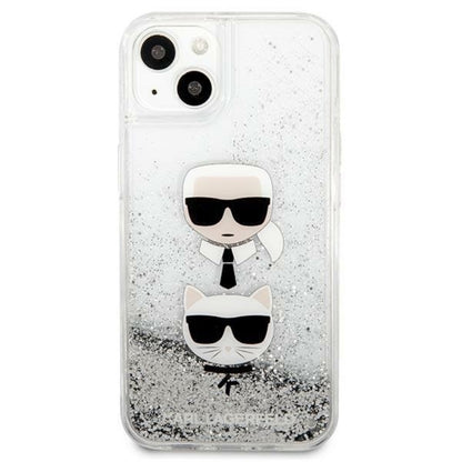 Karl Lagerfeld Liquid Glitter Karl & Choupette Head – dėklas skirtas iPhone 13 mini (sidabrinis)