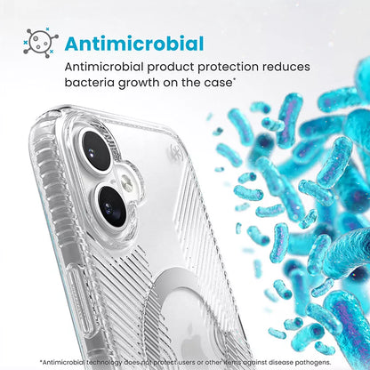 Speck Presidio Perfect-Clear Grip ClickLock & MagSafe – dėklas, skirtas iPhone 16 Plus (skaidrus / chromo apdaila / ramus sidabras)