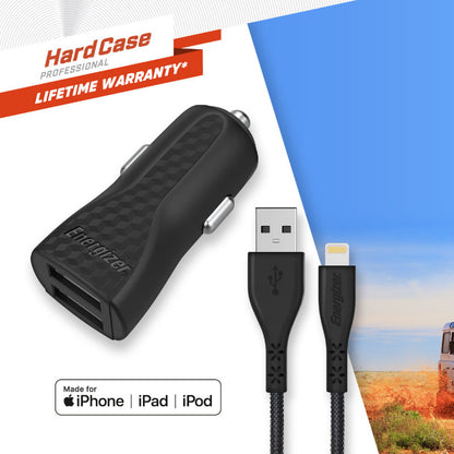 Energizer HardCase - Automobilinis įkroviklis 2x USB-A 17W 3.4A + MFi sertifikuotas Lightning laidas (juodas)
