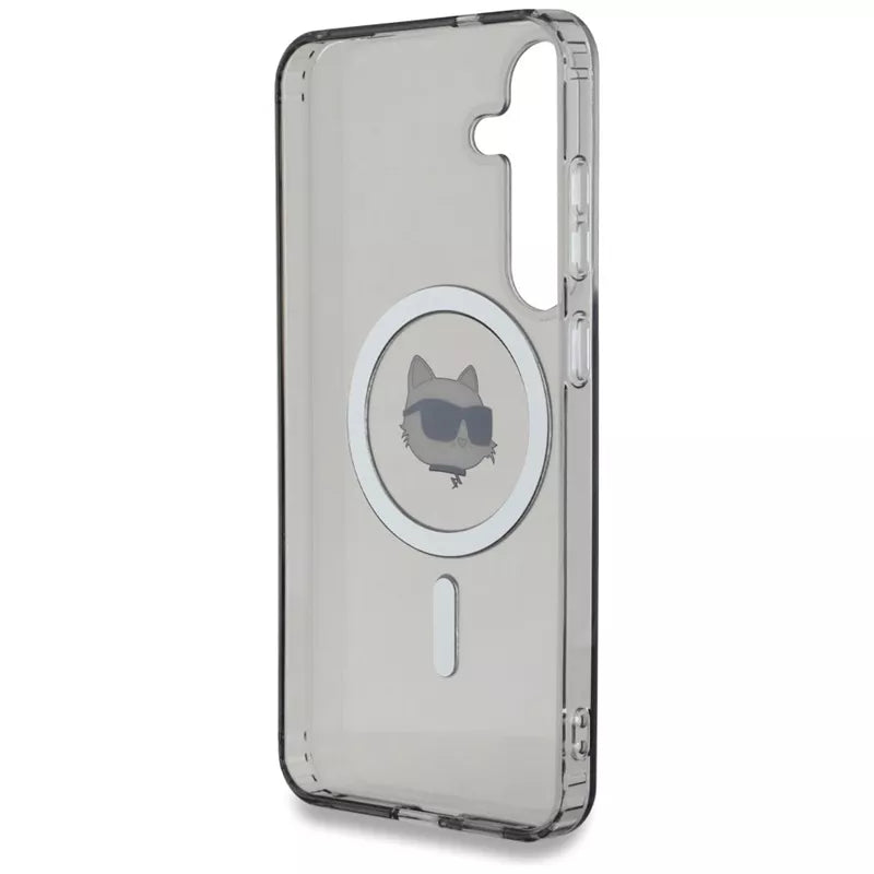 Karl Lagerfeld mygtuko Choupette galvos su logotipu atspaudas MagSafe dėklas, skirtas Samsung Galaxy S25+ (juodas)