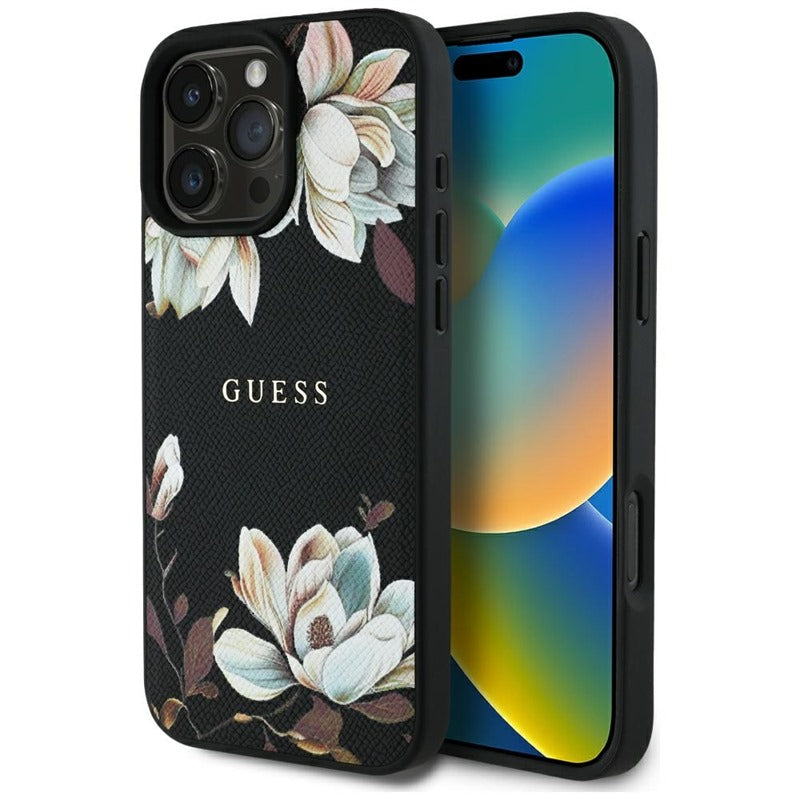 Guess Grūdėtas spausdintas gėlių raštas MagSafe dėklas iPhone 16 Pro (juodas)