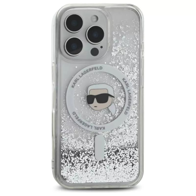 Karl Lagerfeld Liquid Glitter Karl Head MagSafe – Dėklas iPhone 16 Pro Max (skaidrus)