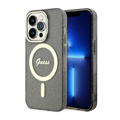 Guess Glitter Gold MagSafe – dėklas, skirtas iPhone 14 Pro Max (juodas)