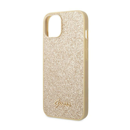 "Guess Glitter Flakes" metalinis dėklas su logotipu - "iPhone 14 Plus" dėklas (auksinis)