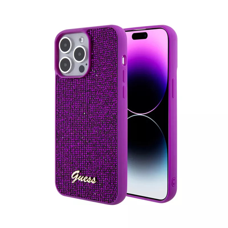 Guess Disco Metal Script – dėklas skirtas iPhone 15 Pro Max (Fuksijos spalva)