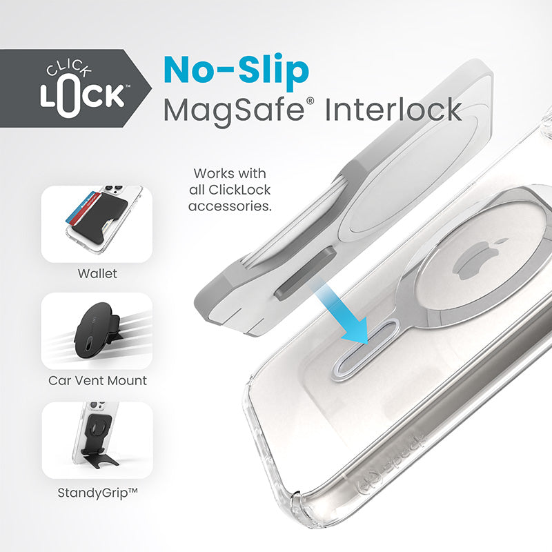 Speck Presidio Perfect-Clear ClickLock & Magsafe - iPhone 15 Plus / iPhone 14 Plus dėklas (Skaidrus / Chromo apdaila / Serene Silver)