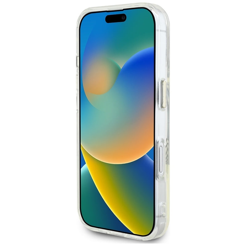 Guess IML Metal Colored Circle Classic Logo MagSafe – dėklas, skirtas „iPhone 16“ (baltas)