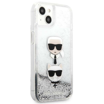 Karl Lagerfeld Liquid Glitter Karl & Choupette Head – dėklas skirtas iPhone 13 mini (sidabrinis)