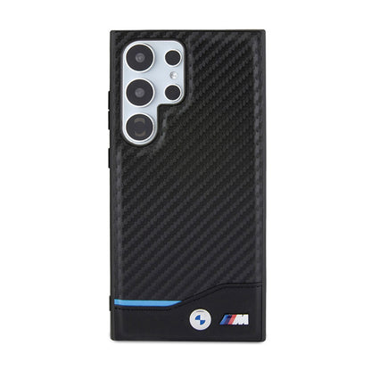 "BMW Leather Carbon Blue Line" dėklas, skirtas "Samsung Galaxy S24 Ultra" (juodas)