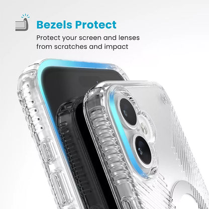 Speck Presidio Perfect-Clear Grip ClickLock & MagSafe – dėklas, skirtas iPhone 16 Plus (skaidrus / chromo apdaila / ramus sidabras)