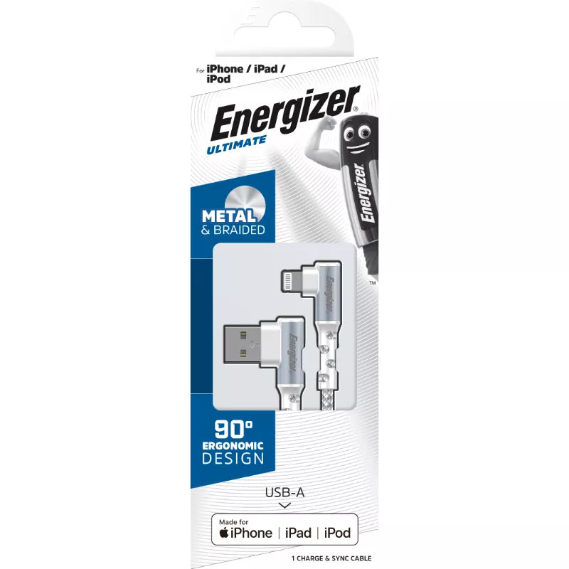 Energizer Ultimate - USB-A į Lightning 90° MFi sertifikuotas žaidimų kabelis 2 m (baltas)