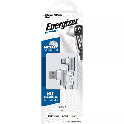 Energizer Ultimate - USB-A į Lightning 90° MFi sertifikuotas žaidimų kabelis 2 m (baltas)