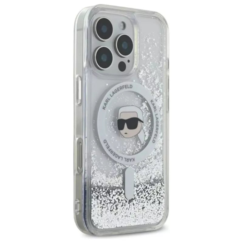 Karl Lagerfeld Liquid Glitter Karl Head MagSafe – Dėklas iPhone 16 Pro Max (skaidrus)