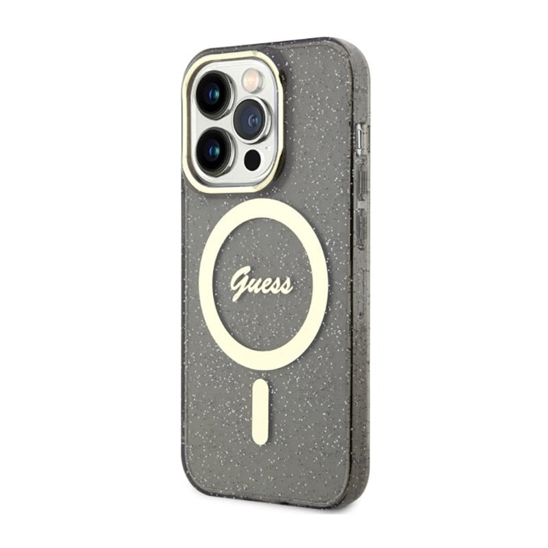 Guess Glitter Gold MagSafe – dėklas, skirtas iPhone 14 Pro Max (juodas)