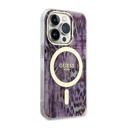 Guess Leopard MagSafe – dėklas, skirtas iPhone 14 Pro (rožinis)