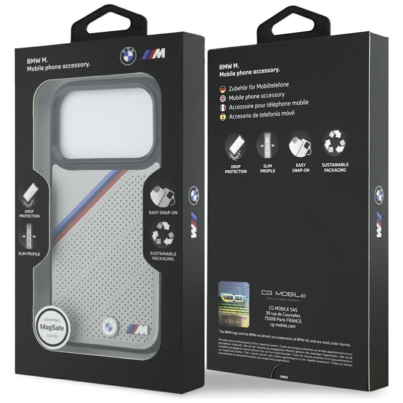 BMW M Tricolor Metal Logo MagSafe dėklas - iPhone 17 Pro (Pilkas)