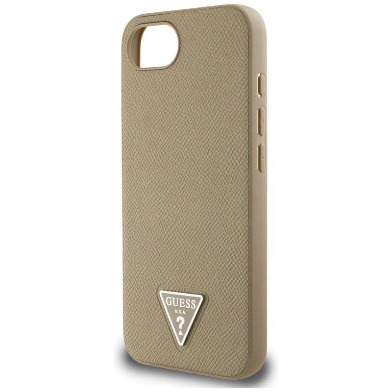 Guess Grained Triangle MagSafe – dėklas iPhone 16e (rudas)