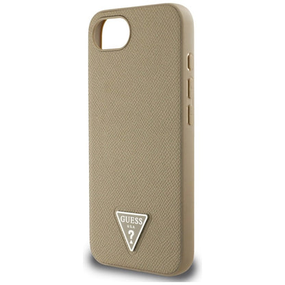 Guess Grained Triangle MagSafe – dėklas iPhone 16e (rudas)