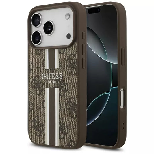 Guess 4G Spausdintos Juostelės MagSafe dėklas iPhone 17 Pro (rudas)
